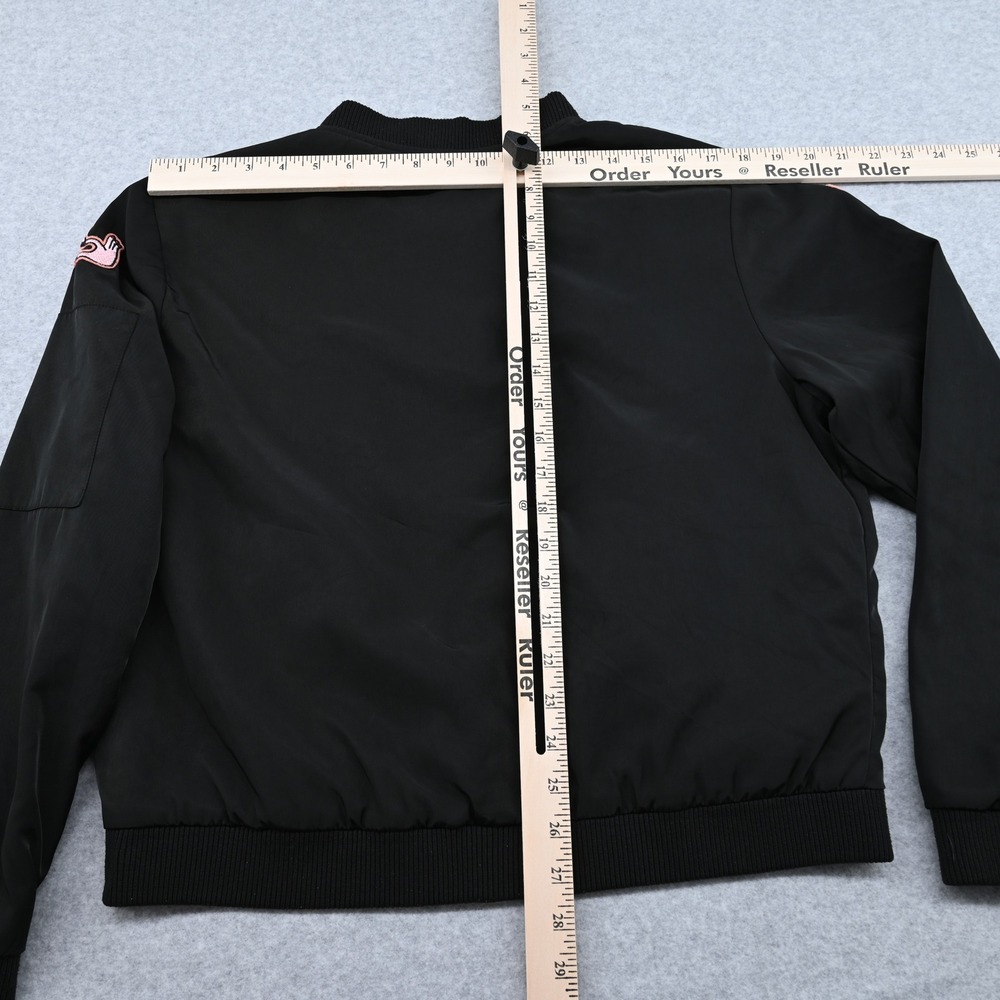 Joe Boxer Womens Black Bomber Jacket Patches Smiley Coffee Bossy Full Zip L - Picture 12 of 14